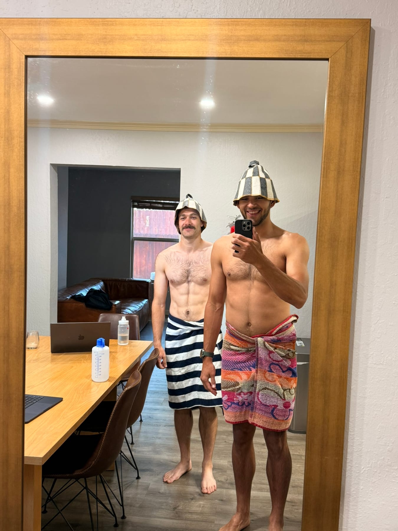Sauna hats in the Truckee house mirror