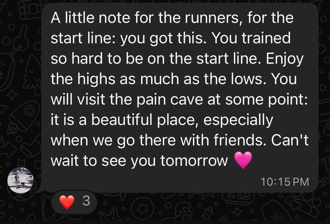Mathilde's message to the runners the night before Canyons